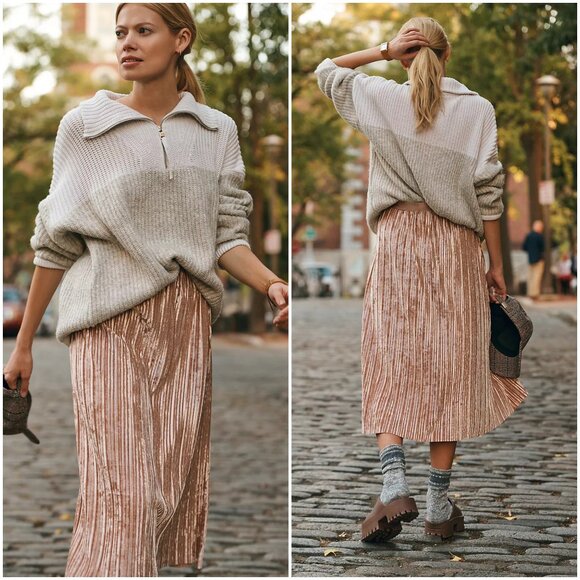 Beyond Yoga Uptown Pleated Skirt champagne velvet XS midi rose gold CK5105 - Picture 2 of 10